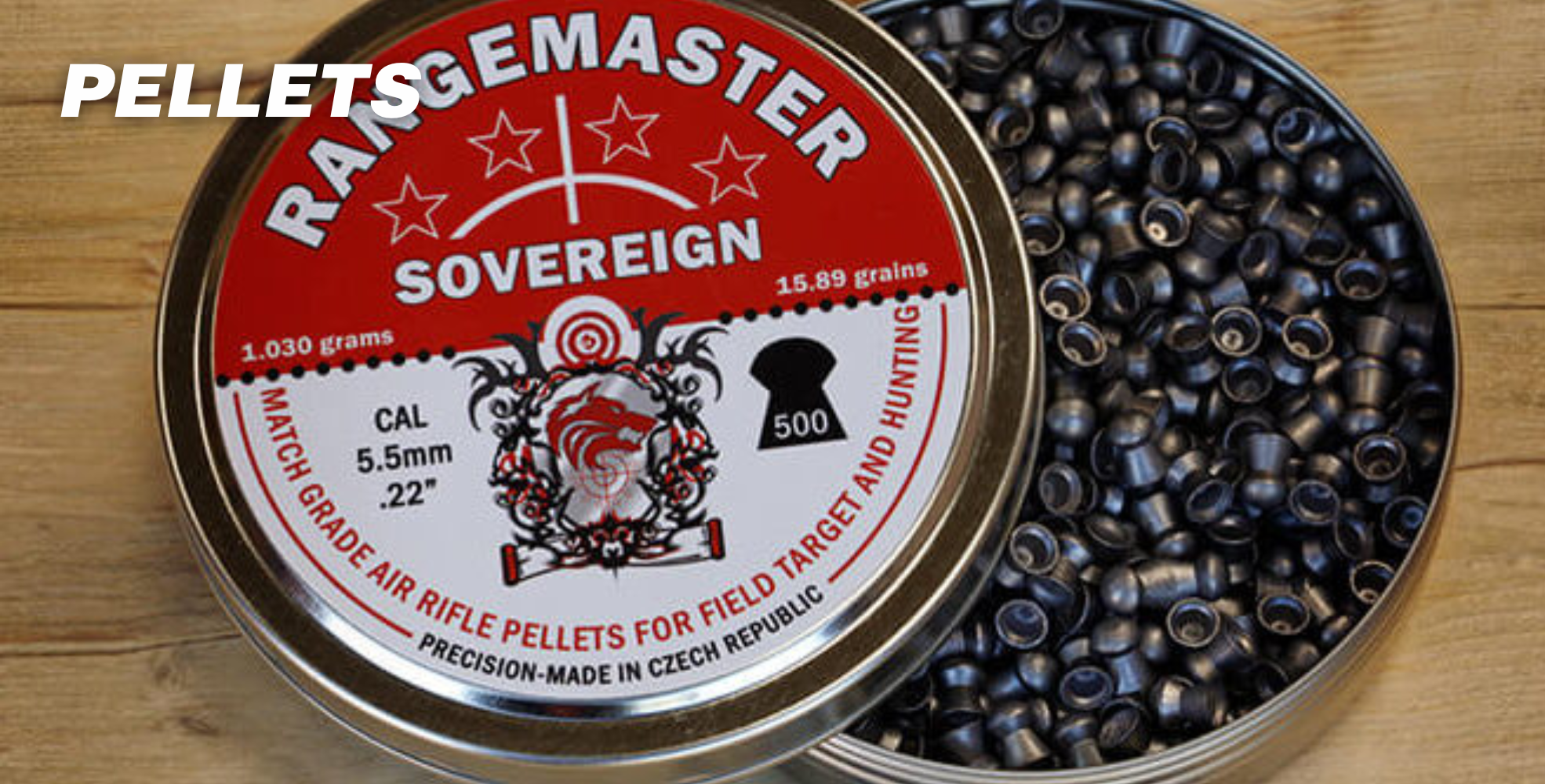 Tin of Rainsmaster Sovereign air rifle pellets, .22 caliber, with open lid showing contents.