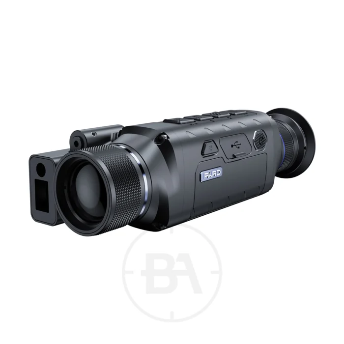 The Leopard Thermal Imaging Monocular, in sleek black, features a textured grip with a lens and viewfinder at opposite ends, resembling a leopard's sharp gaze. Conveniently placed control buttons on top allow easy access.