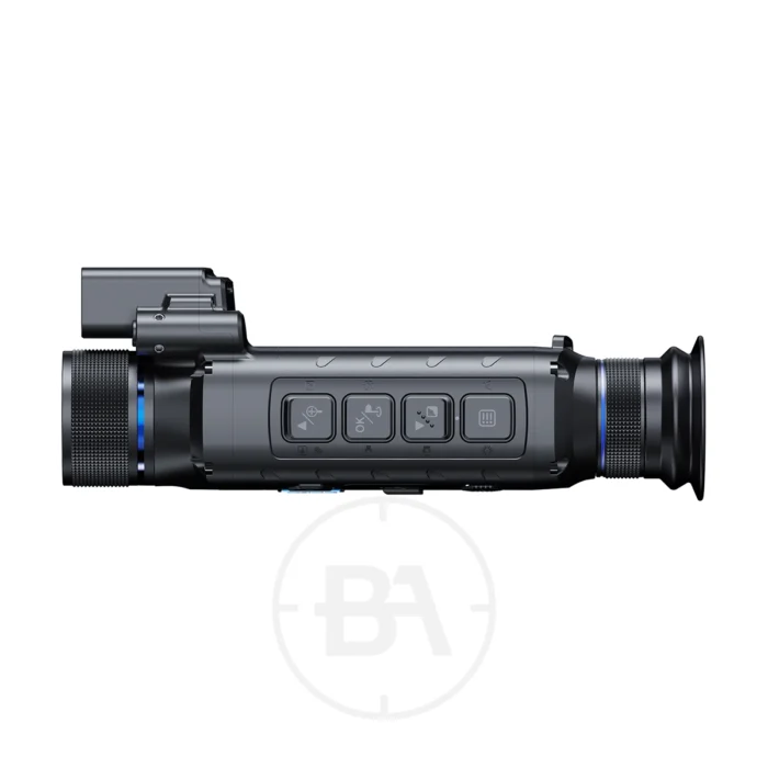 Side view of a black Leopard Thermal Imaging Monocular displaying buttons and controls.