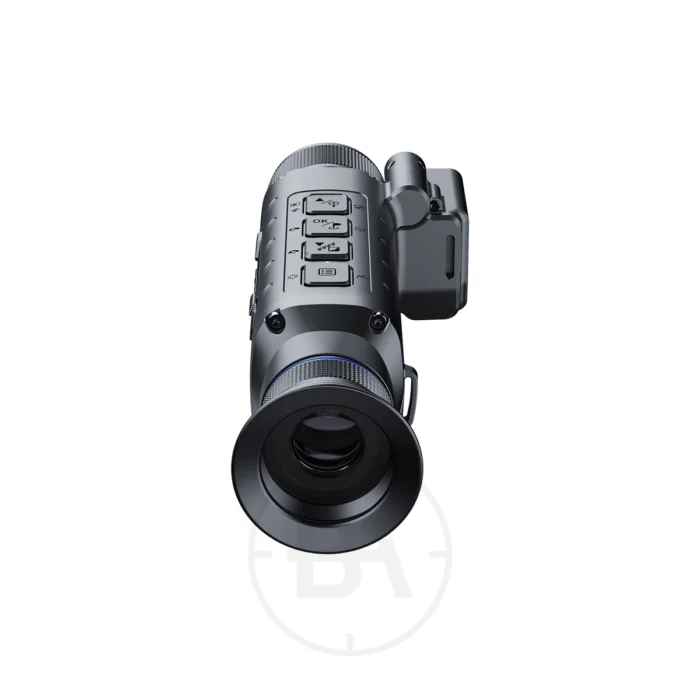 The Leopard Thermal Imaging Monocular boasts a cutting-edge design in sleek black, with top buttons and a front lens that integrate thermal imaging technology for exceptional vision.