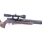 A modern Weihrauch HW100 air rifle with a wooden stock, adjustable cheek rest, scope, and a long barrel with moderator is displayed on a white background—perfect for your next HW100 X Sporter air rifle review.