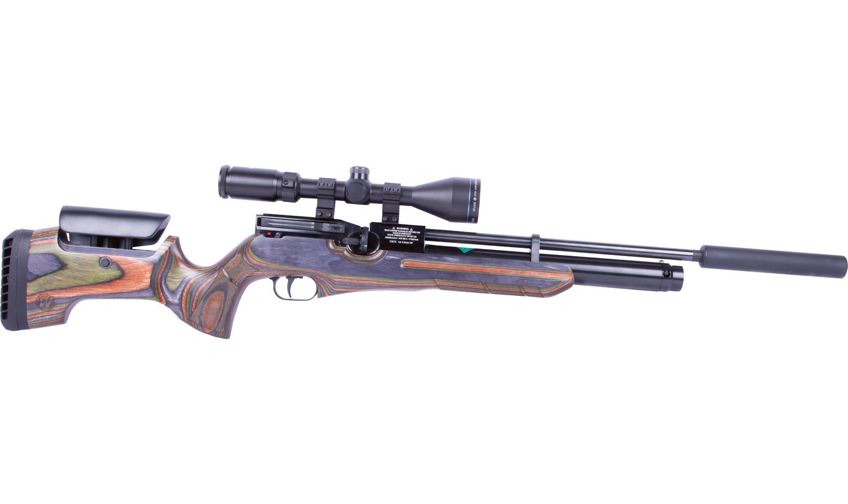 A modern Weihrauch HW100 air rifle with a wooden stock, adjustable cheek rest, scope, and a long barrel with moderator is displayed on a white background&mdash;perfect for your next HW100 X Sporter air rifle review.