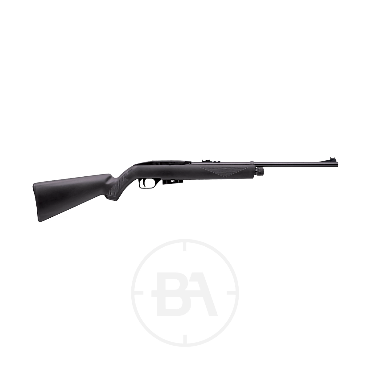 Crosman 1077 C02 Air Rifle 1 The Crosman 1077 CO2 Air Rifle, featuring a black synthetic stock, is shown in profile against a white background.