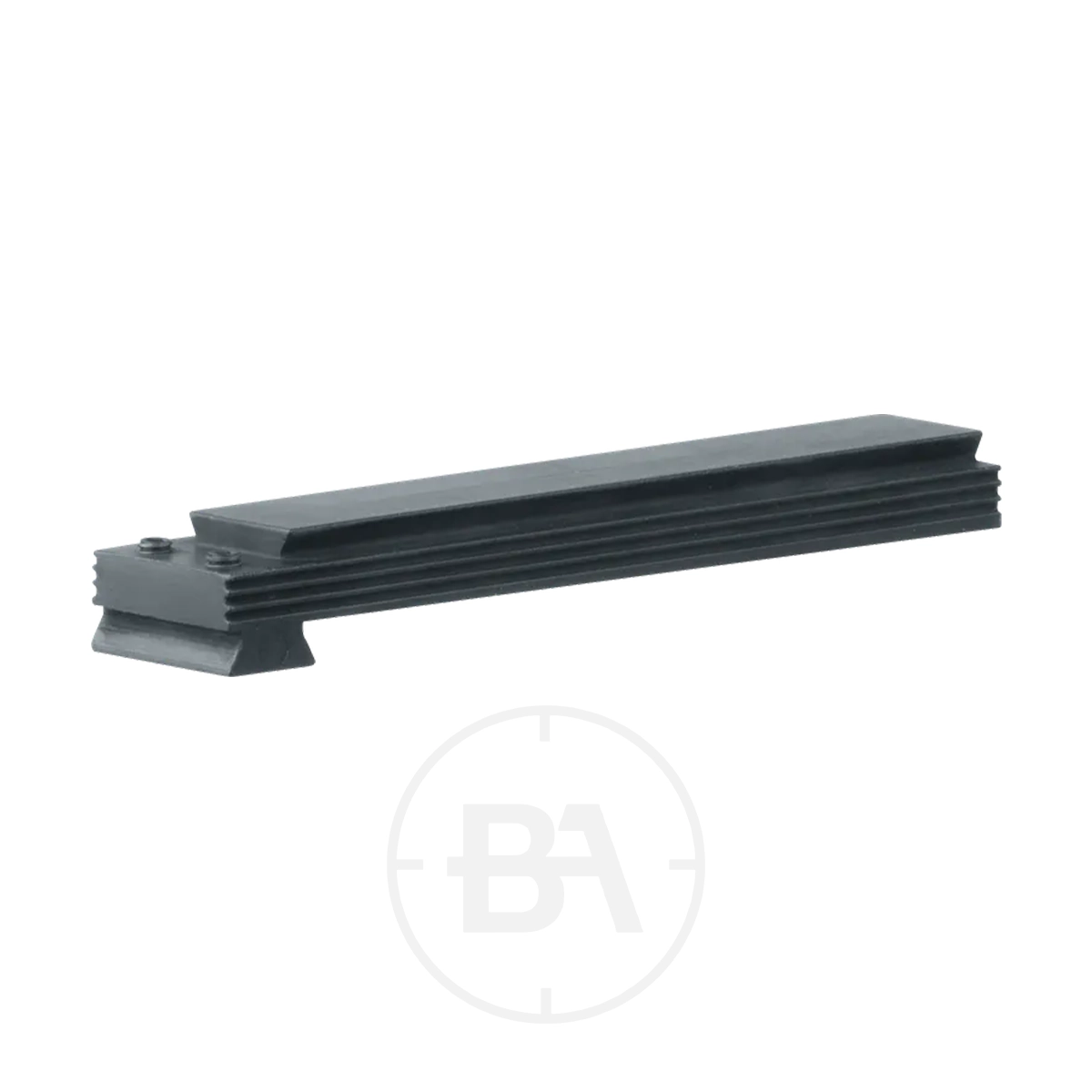 Umarex 11mm Dovetail Adapter Rail 1 The Umarex 11mm Dovetail Adaptor Rail is a black metal rail with a flat top and grooved sides, designed for attaching accessories to firearms or equipment. Shown photographed on a plain white background.