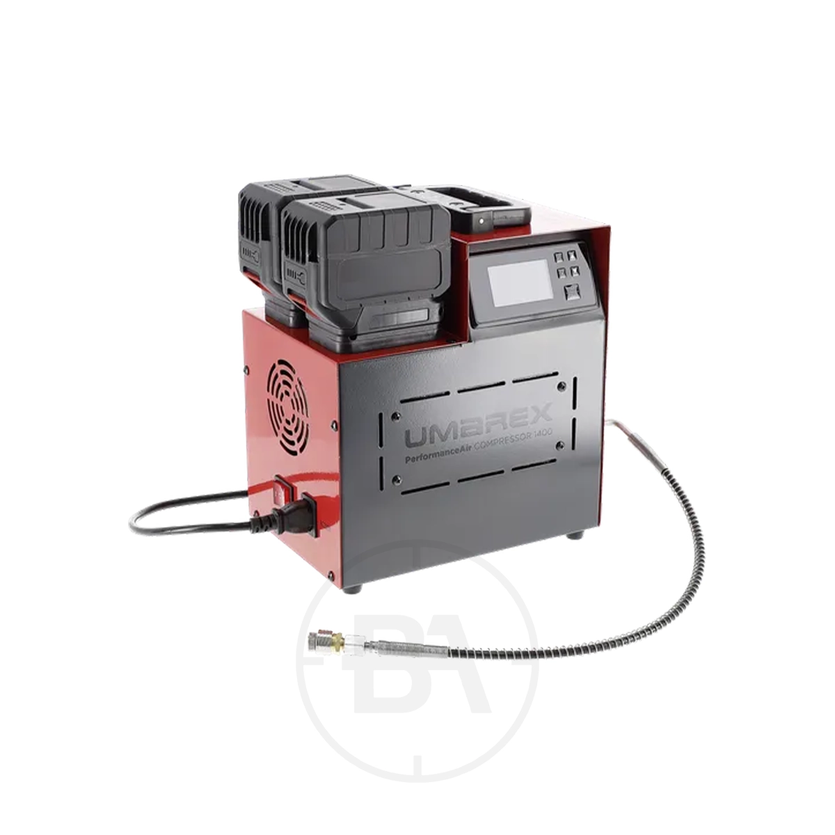 Umarex PAC 1400 PerformanceAir Compressor 1 The Umarex PAC 1400 PerformanceAir Compressor (Needs Price) is red and black, has two battery packs on top, a digital display, control buttons, a side fan, and a flexible air hose at the front.