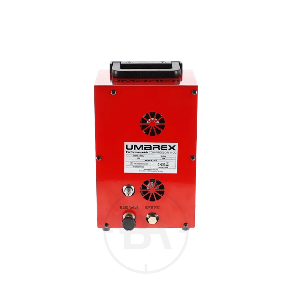 Umarex PAC 1400 PerformanceAir Compressor 3 A red Umarex PAC 1400 PerformanceAir Compressor with a black handle, two black ventilation fans, and labelled "bleed valve" and "burst disc" control knobs on the front panel.