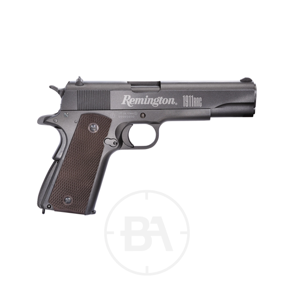 Remington 1911 RAC CO2 Pistol 4.5mm BB 3 Remington 1911 RAC CO2 Pistol 4.5mm BB with dark brown grip, shown from the left on a white background. This semi-automatic model offers classic styling and reliable performance for enthusiasts and collectors.