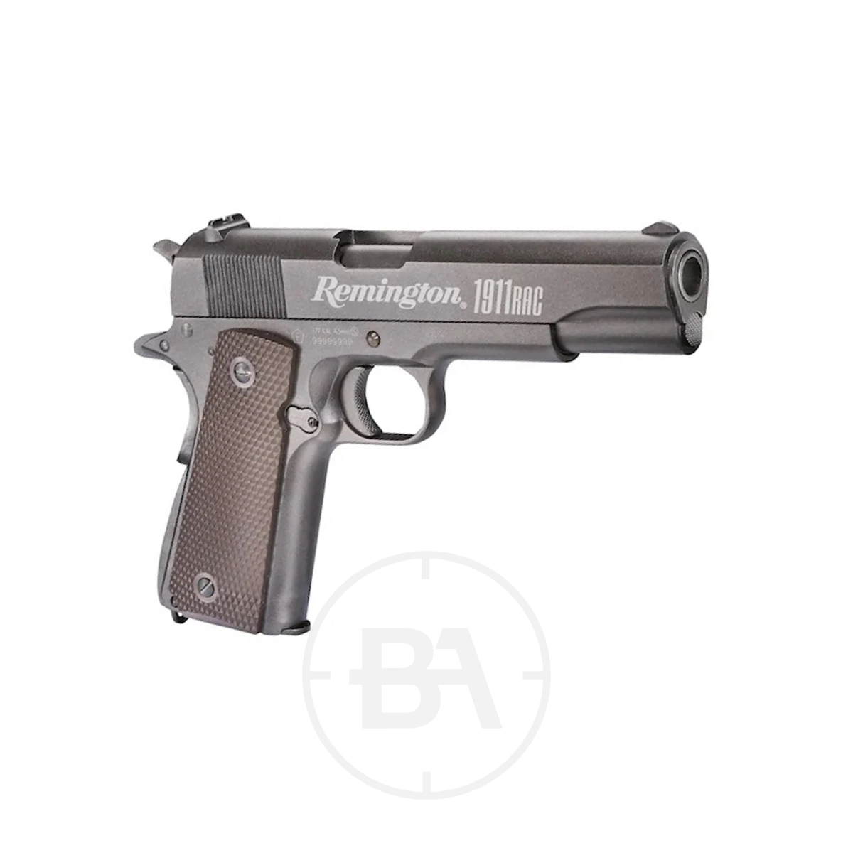 Remington 1911 RAC CO2 Pistol 4.5mm BB 5 Side view of the Remington 1911 RAC CO2 Pistol 4.5mm BB, featuring a brown textured grip and model name on the slide, designed for shooting 4.5mm BBs.