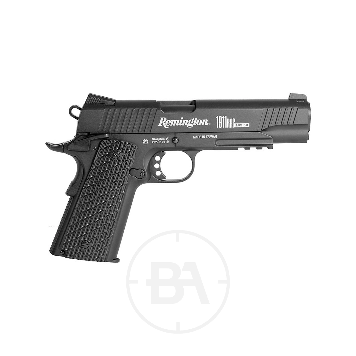 Remington 1911 RAC Tactical CO2 Pistol 4.5mm BB 3 Side view of a black Remington 1911 RAC Tactical CO2 Pistol 4.5mm BB with textured grip, displayed on a white background.