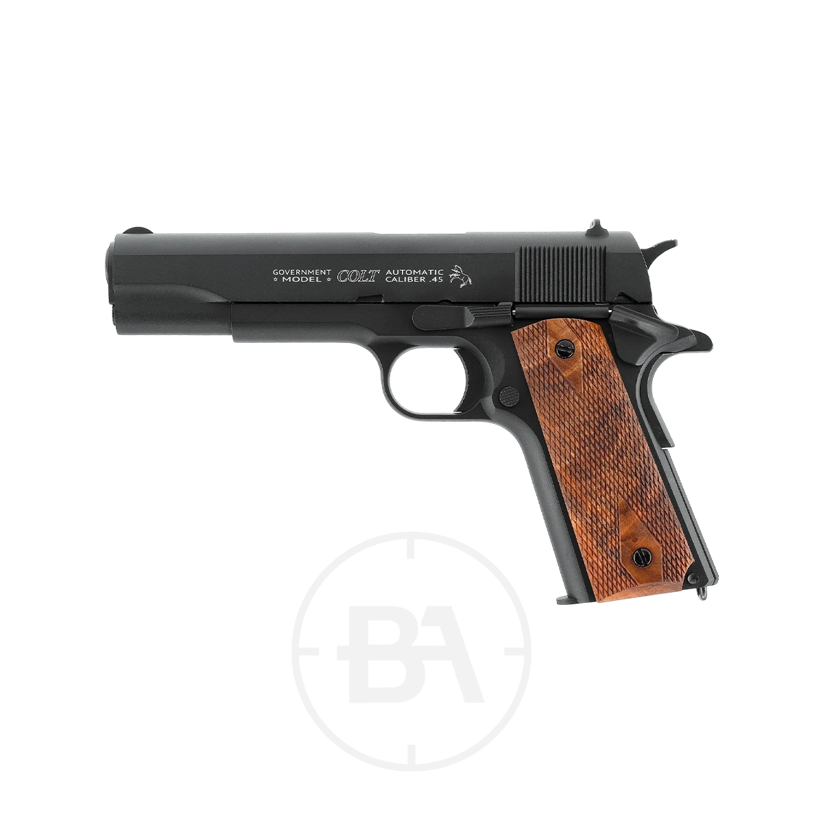 Colt 1911 Classic CO2 BB Pistol 1 A black Colt Government 1911 Classic CO2 Pistol 4.5mm BB with a wood-textured grip is shown in profile against a white background, highlighting its blend of vintage style and modern features.
