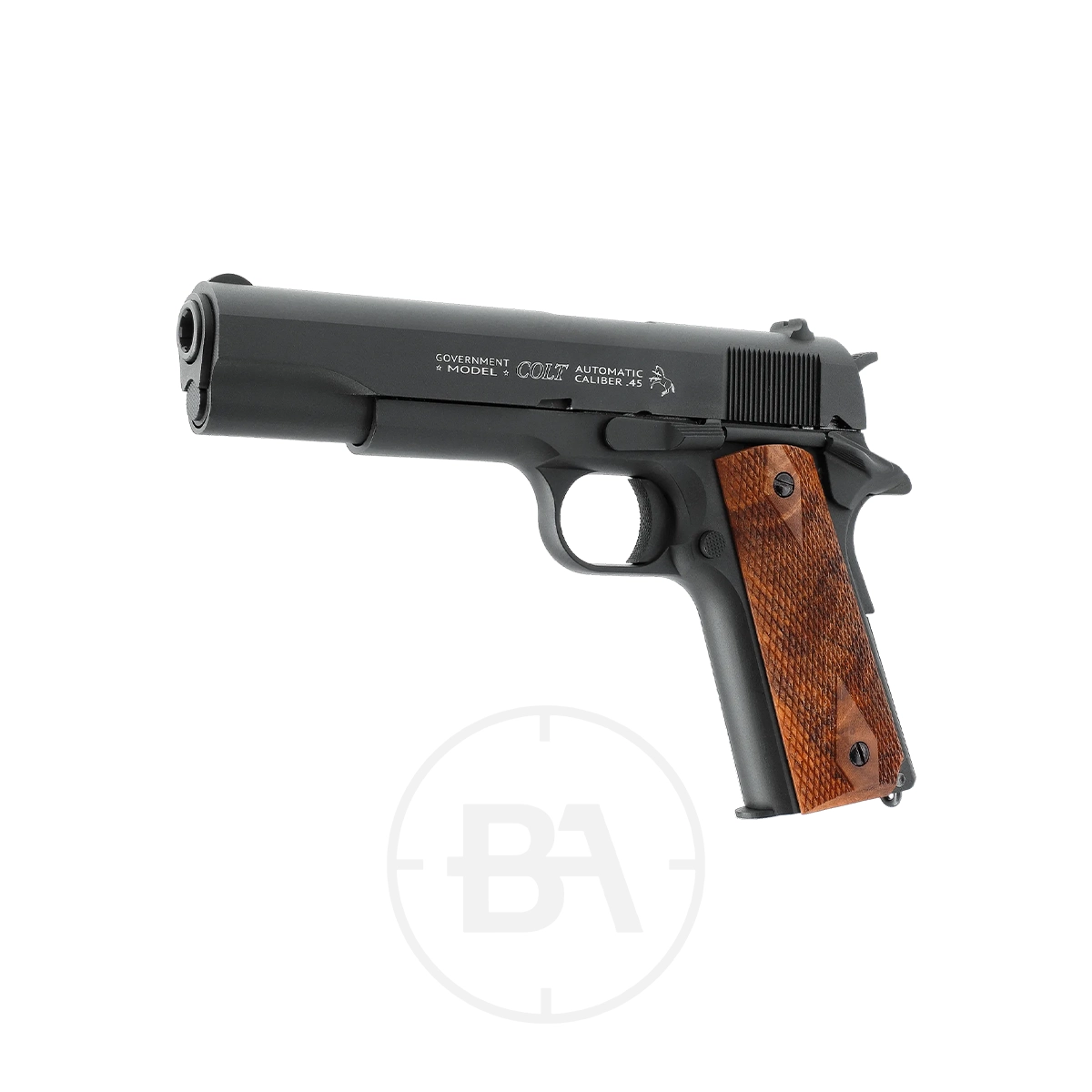 Colt 1911 Classic CO2 BB Pistol 3 The Colt Government 1911 Classic CO2 Pistol 4.5mm BB features a black metal finish and textured brown grip, shown angled on a white background. This semi-automatic model is ideal for realistic shooting practice with 4.5mm BBs.