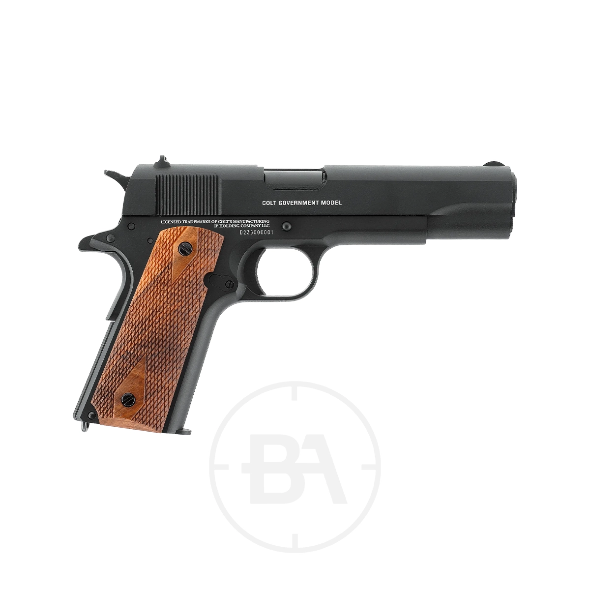 Colt 1911 Classic CO2 BB Pistol 5 The Colt Government 1911 Classic CO2 Pistol 4.5mm BB is a black semi-automatic CO2 pistol with a brown textured grip, designed for 4.5mm BBs, shown on a white background.