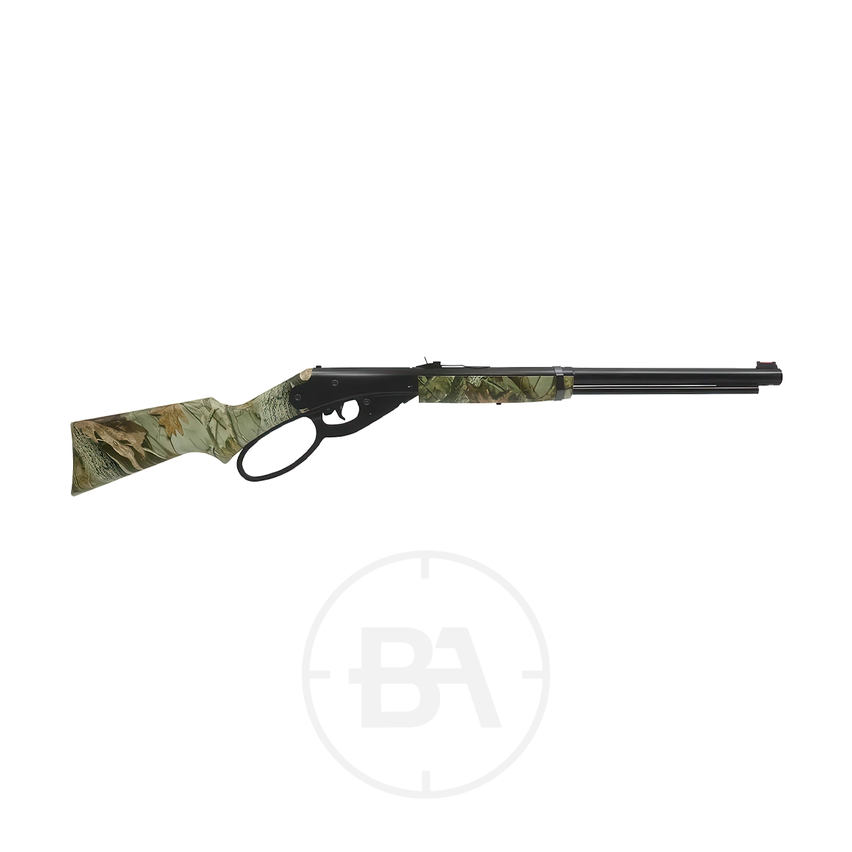 Daisy Model 1999 Lever Action Spring Air Rifle 1 A Daisy Model 1999 Lever Action Spring Air Rifle featuring a camouflage-patterned stock and fore-end, showcased on a white background with a subtle circular "BA" logo beneath the rifle.