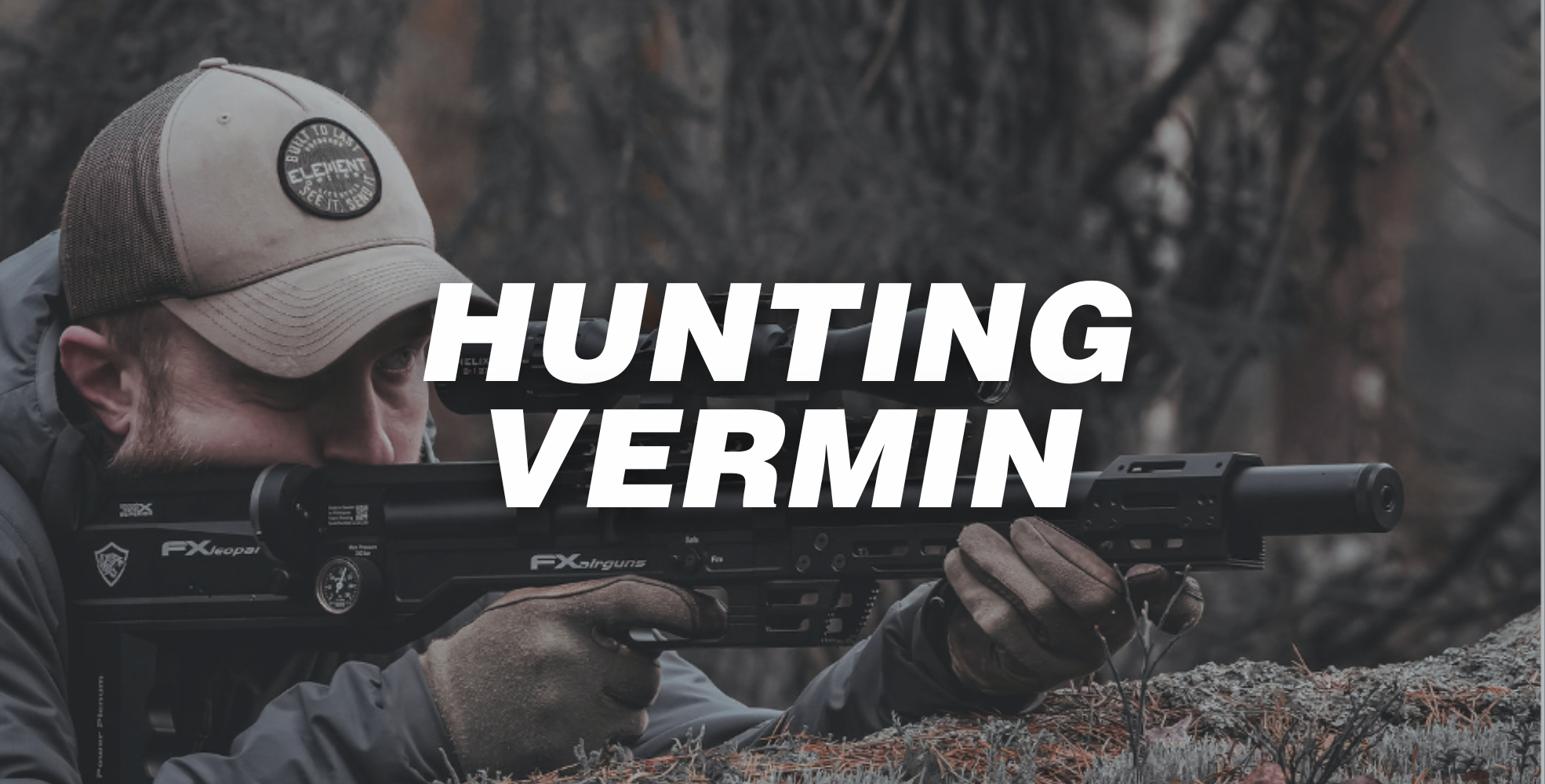 A junior wearing a cap and gloves aims a scoped air rifle in an outdoor setting, with bold white text overlay reading "HUNTING VERMIN." Perfect for beginners looking to get started.