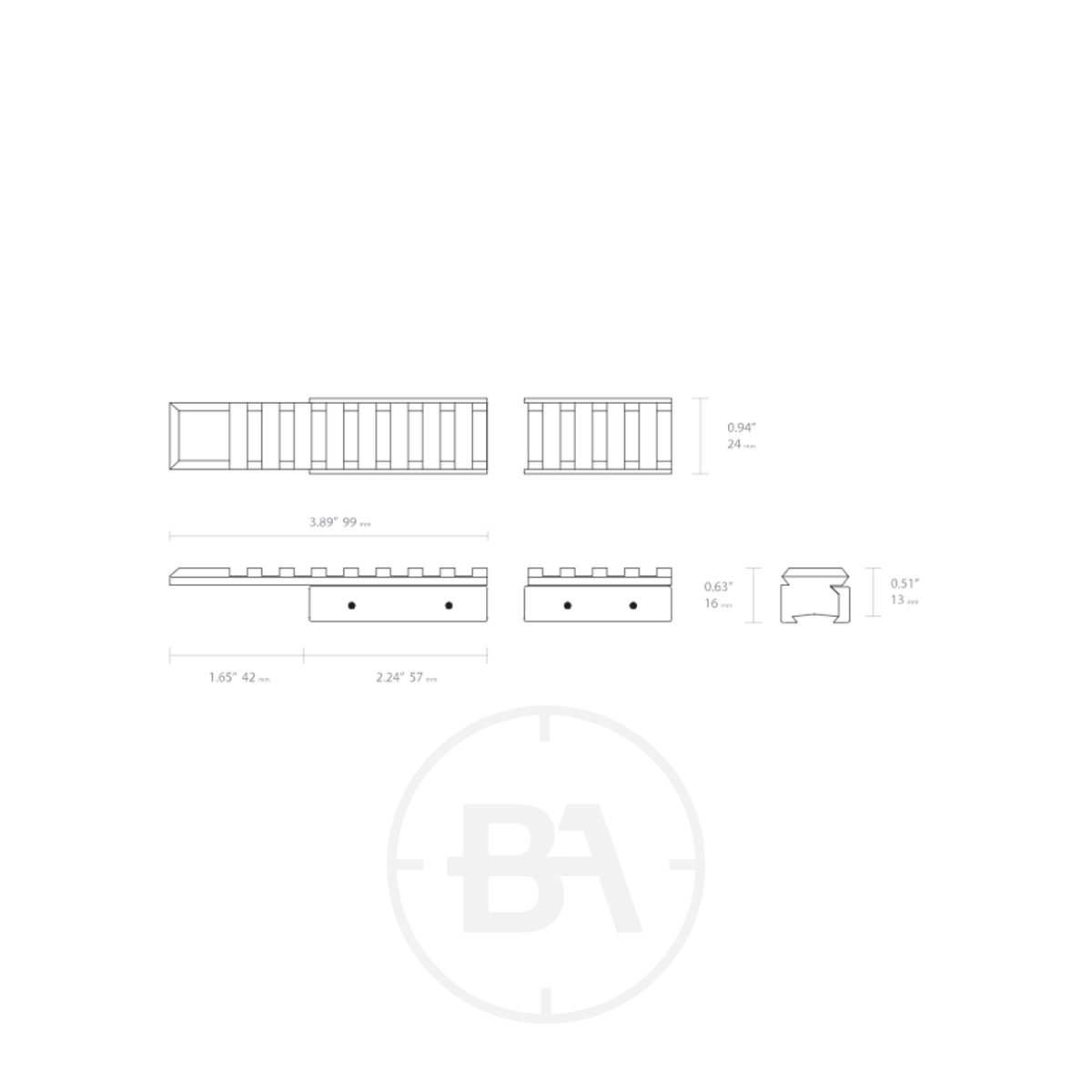 Hawke 2-Piece Dovetail to Picatinny Adaptor Rail 3 Technical drawing of the Hawke Two Piece Dovetail to Picatinny Converter, showing top, side, and front views with dimensions: 3.89", 2.24", 1.65", 0.95", 0.67", and 0.55". BA logo at bottom center.