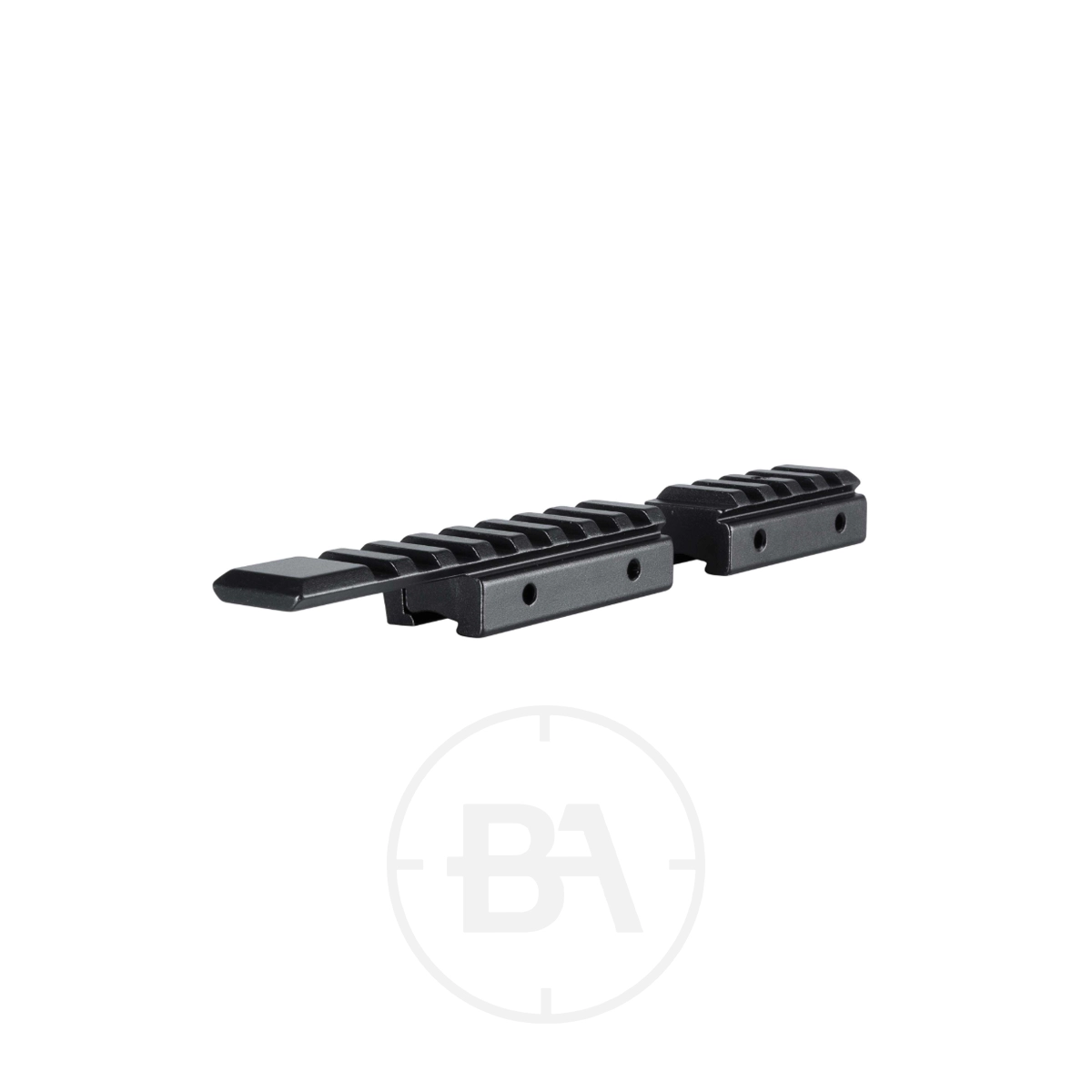 Hawke 2-Piece Dovetail to Picatinny Adaptor Rail 1 The Hawke Two Piece Dovetail to Picatinny Converter features a black metal build with multiple slots, shown on a white background.