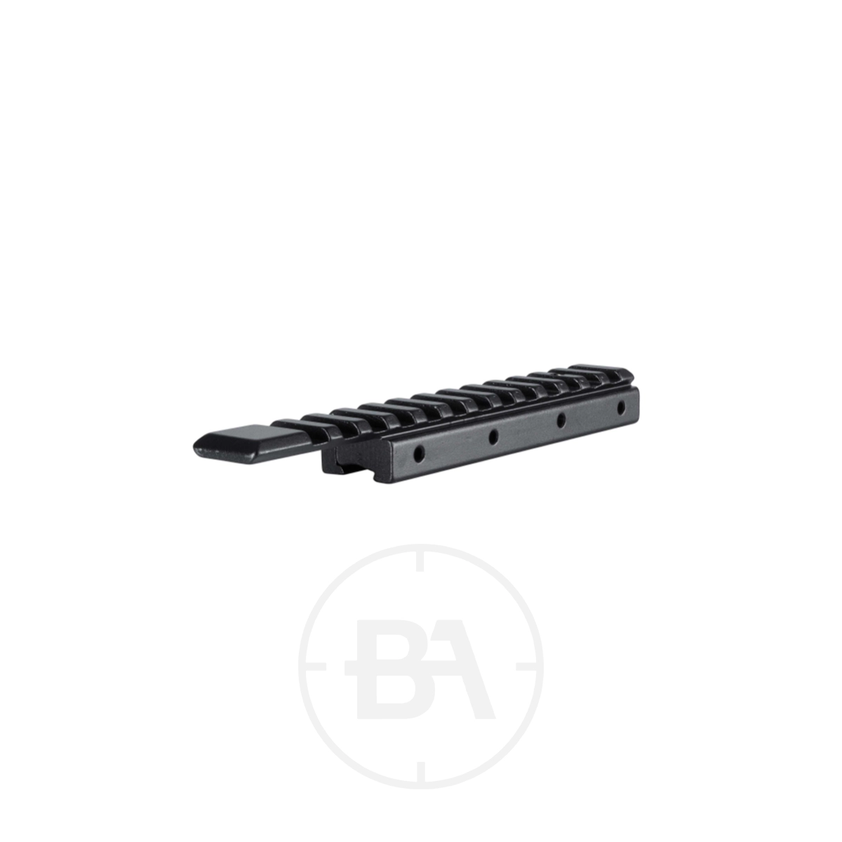Hawke 1-Piece Dovetail to Picatinny Adaptor Rail 1 The Hawke One Piece Dovetail to Picatinny Converter, a black metal scope mounting rail with grooved slots, is shown against a white background.