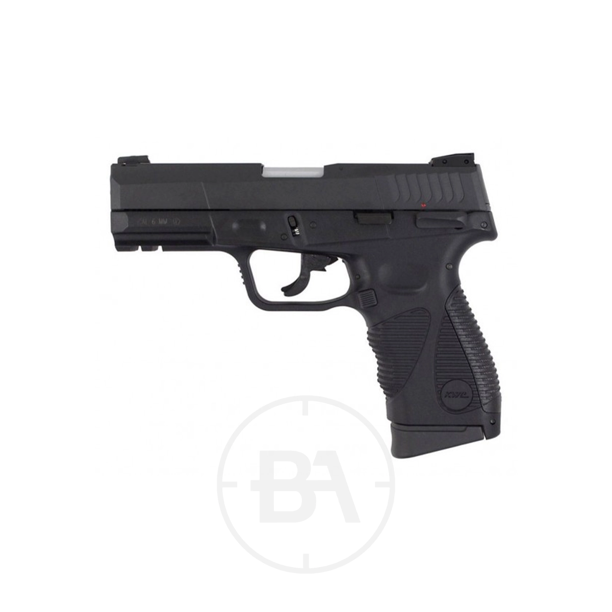 KWC 24/7 GEN 2 CO2 BB Pistol 1 The KWC 24/7 GEN 2 CO2 Pistol, a black semi-automatic model, is shown in side profile against a white background.
