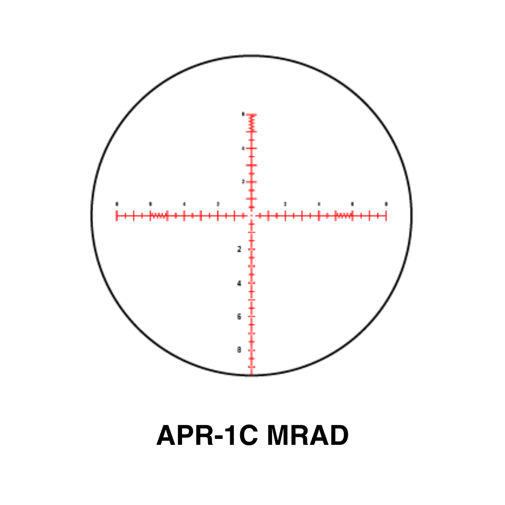 Element Optics Nexus Gen 2 4-25X50 FFP Rifle Scope 9 A circular rifle scope reticle with red hash marks and numbers along the vertical and horizontal lines, labeled "APR-1C MRAD" below, designed for the Element Optics Nexus 5-20×50 FFP Rifle Scope.