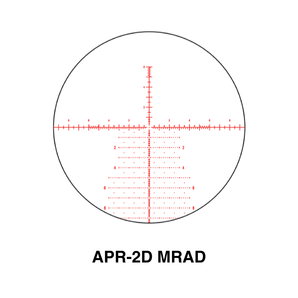 Element Optics Nexus Gen 2 4-25X50 FFP Rifle Scope 11 Red reticle design with markings and numbers inside a circular scope view, labeled "APR-2D MRAD" below, perfect for pairing with the Nexus 5-20×50 FFP Rifle Scope.