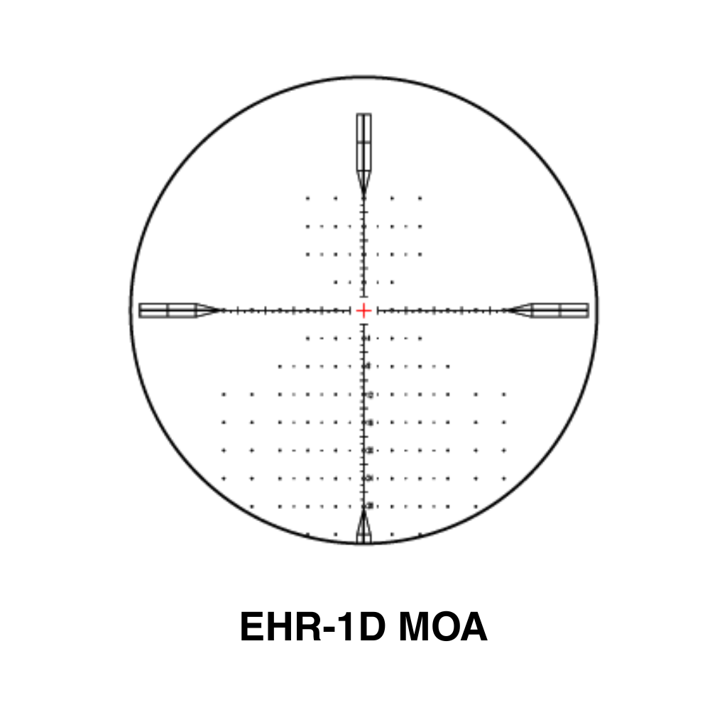 Element Optics Nexus 5-20×50 FFP Rifle Scope 11 Black and white rifle scope reticle diagram labeled "EHR-1D MOA" from Element Optics, featuring multiple measurement markings and a central red crosshair.