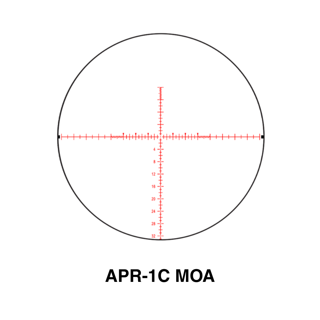 Element Optics Nexus Gen 2 4-25X50 FFP Rifle Scope 7 Red reticle with hash marks and numbers inside a rifle scope view, labeled "APR-1C MOA" below the circular field of view—ideal for the Element Optics Nexus Gen 2 FFP Rifle Scope.