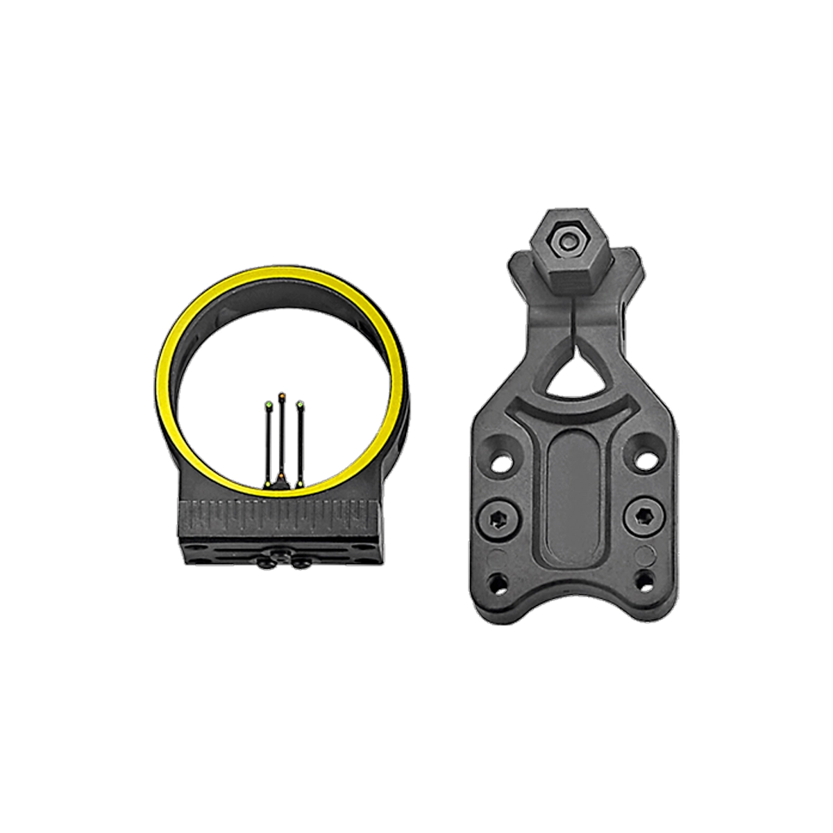 EK Archery 3 Pin Composite Fibre Optic Sight 1 The EK Archery 3 Pin Plastic Fibre Optic Sight, featuring a black and yellow design, is shown alongside its black mounting bracket on a white background.