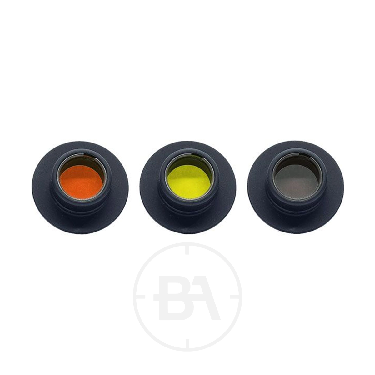 Gehmann 3 Colour Filter Set For Clip-On Iris 1 Three circular lens filters—orange, yellow, and gray—are arranged side by side on a white background, resembling the Gehmann 3 Colour Filter Set For Clip-On Iris.