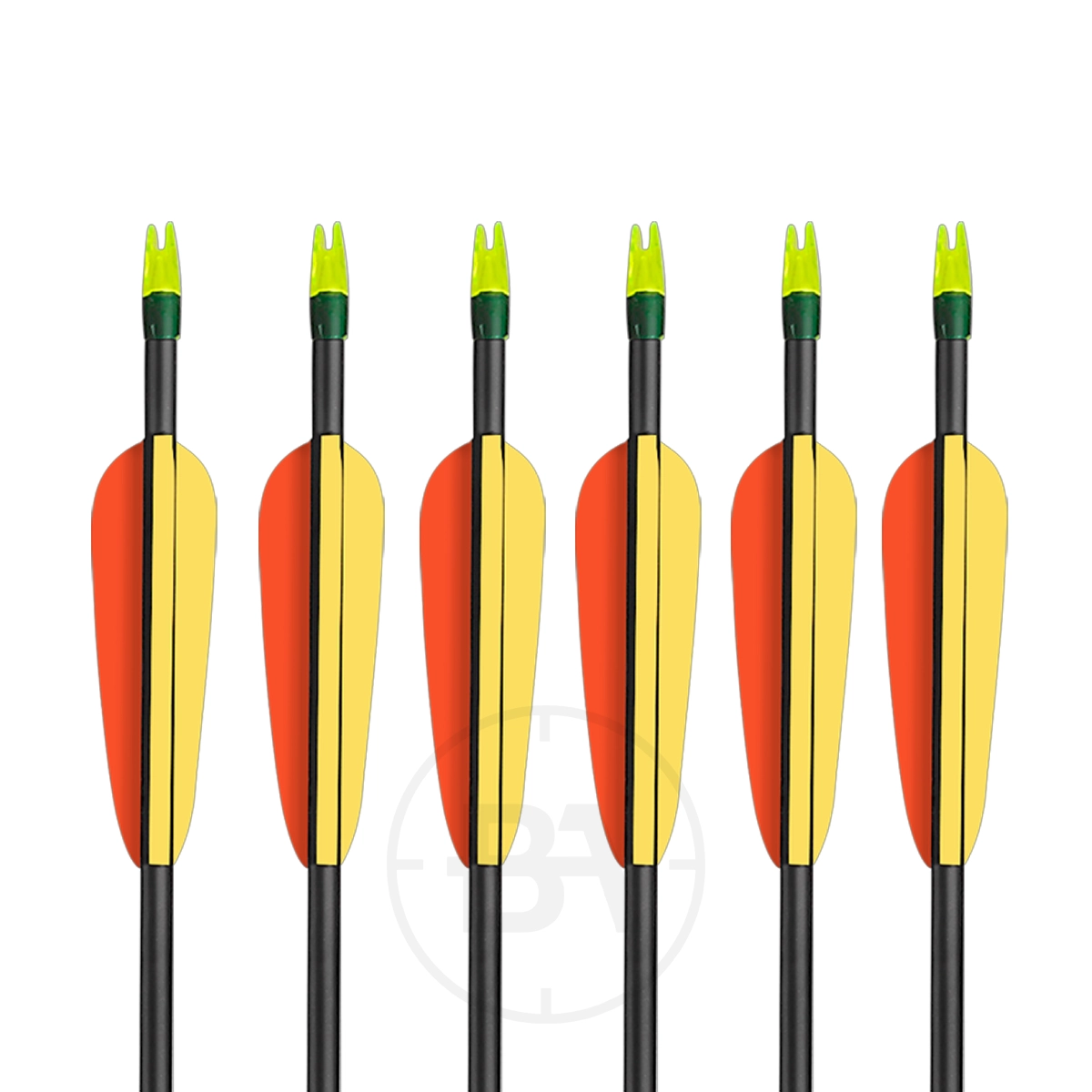 EK Archery Carbon Arrows 30″ (x6) 1 A pack of six EK Archery Carbon Arrows 30″, each with yellow and orange fletching and green nocks, is neatly arranged in a row on a white background.