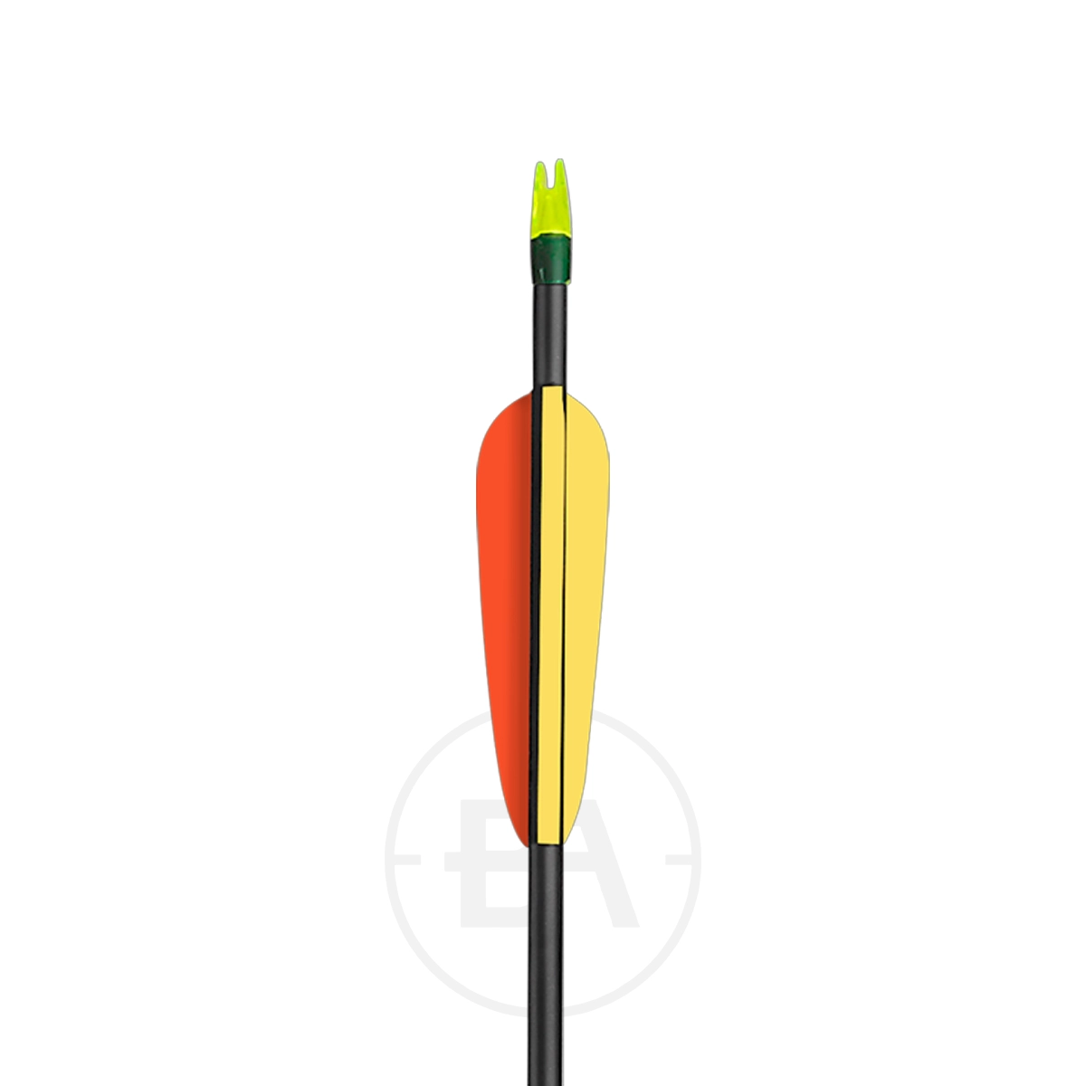 EK Archery Carbon Arrows 30″ (x6) 5 An EK Archery Carbon Arrow from the 30″ (x6) pack, featuring a green nock and red/yellow fletching, stands upright on a white background with a subtle circular logo behind it.
