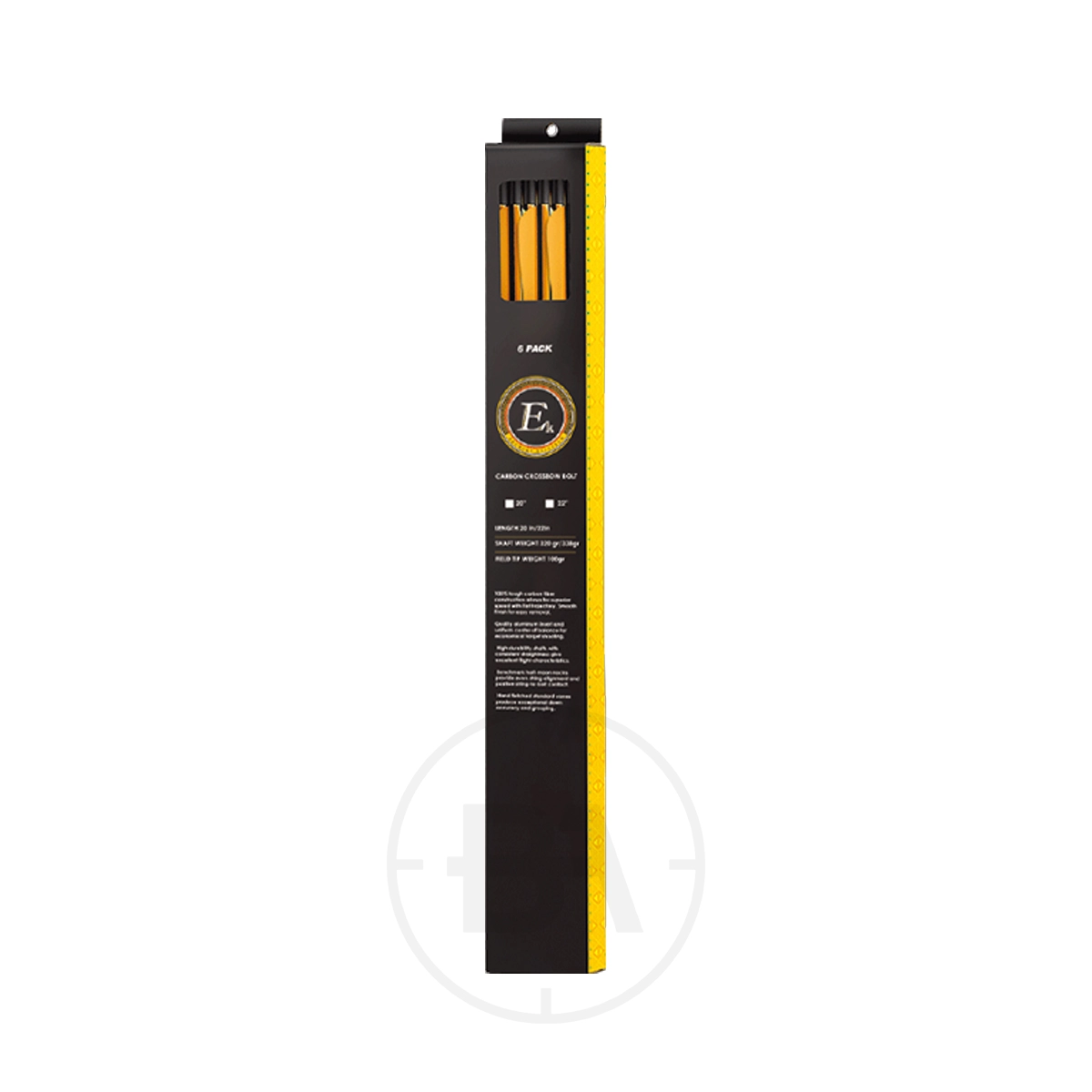 EK Archery Carbon Arrows 30″ (x6) 3 A black rectangular EK Archery package contains six 30″ yellow Carbon Arrows, partially visible through a clear window at the top, with branding and product text printed on the front.