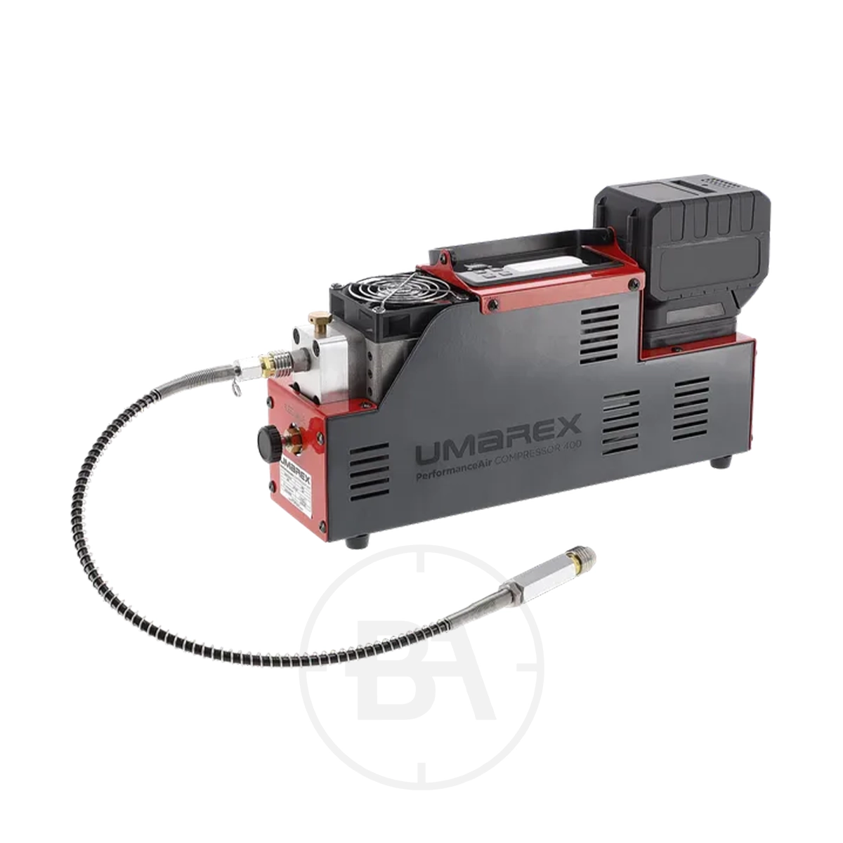Umarex PAC 400 PerformanceAir Compressor 1 A black and red Umarex PAC 400 PerformanceAir Compressor (Needs Price) with a pressure gauge, cooling coil, and flexible hose attached is displayed on a white background.