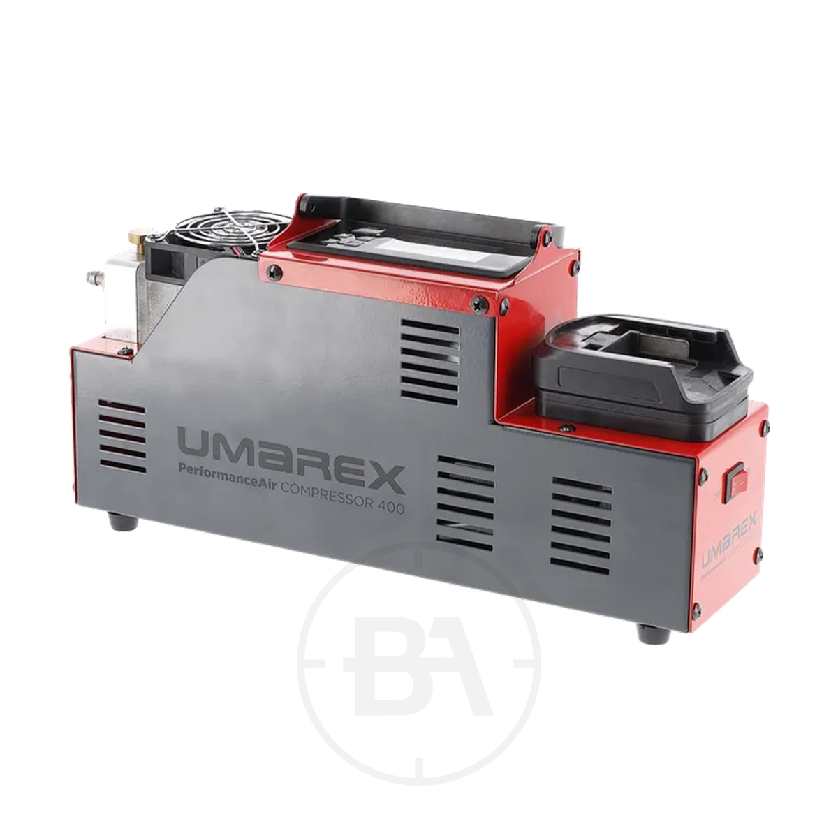 Umarex PAC 400 PerformanceAir Compressor 2 A black and red Umarex PAC 400 Performance Air Compressor, featuring a built-in handle, vents, and an attached power lead, is displayed on a white background.