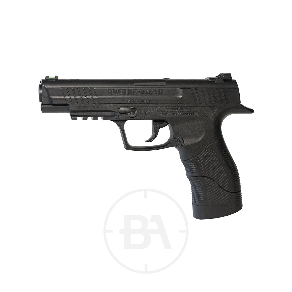 Daisy Powerline 415 CO2 Pistol Kit 3 The Daisy Powerline 415 CO2 Pistol Kit is shown in profile facing left against a white background, featuring a black finish, textured grip, and an accessory rail under the barrel.