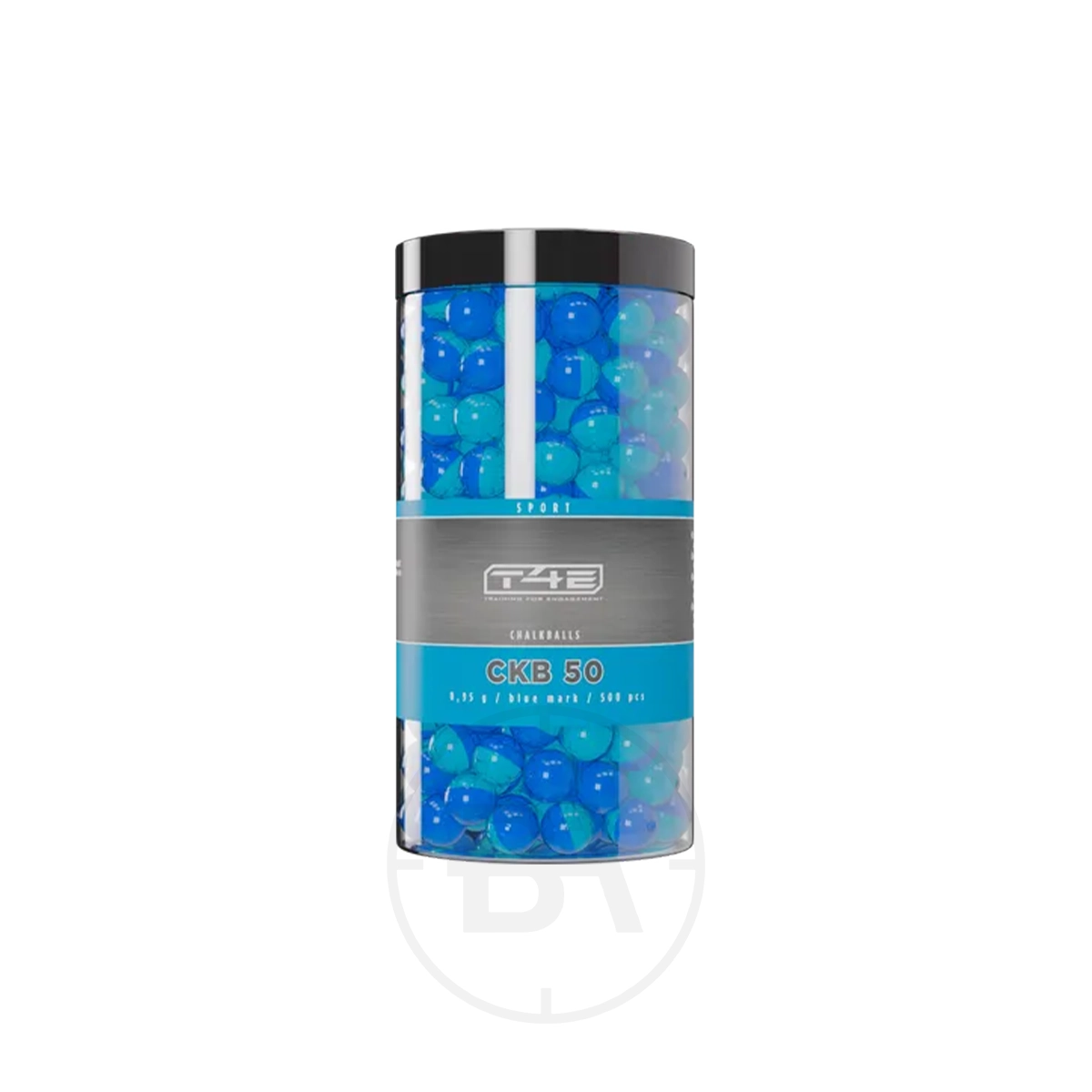 Umarex T4E Sport CKB .50 Chalk Balls (x500) 1 A clear cylinder with blue and teal Umarex T4E Sport CKB .50 Chalk Balls, labeled "CKB 50," features a black lid and blue label—ideal for your Umarex T4E or Sport CKB paintball markers.