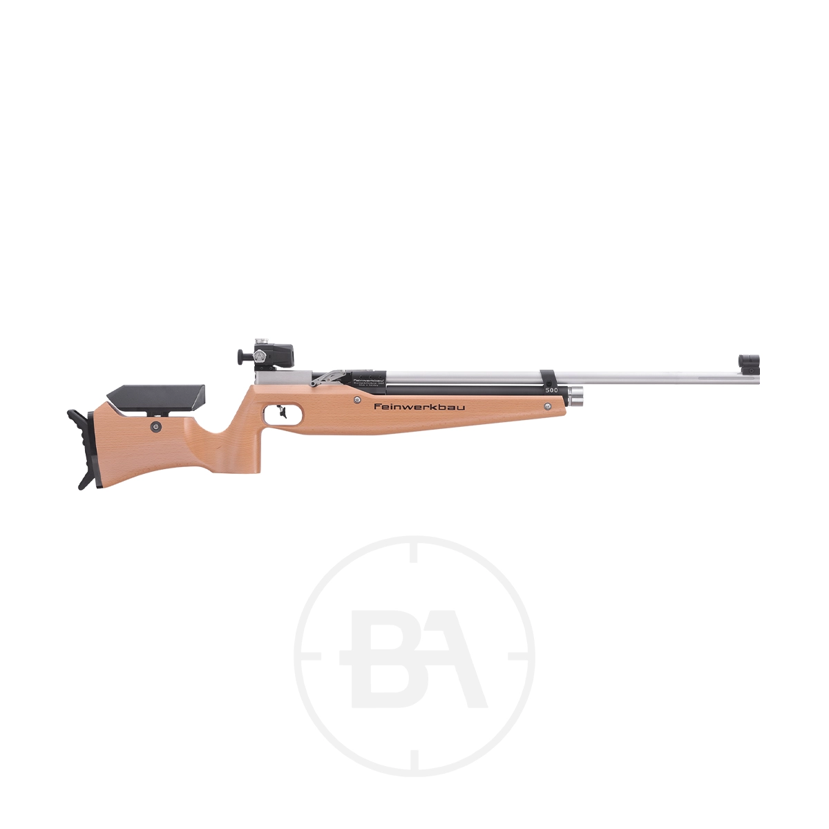 Feinwerkbau 500 Match Target Rifle 1 The Feinwerkbau 500 is a match target rifle with a beech wood stock and silver barrel, featuring a scope and adjustable rear sight for superior accuracy.