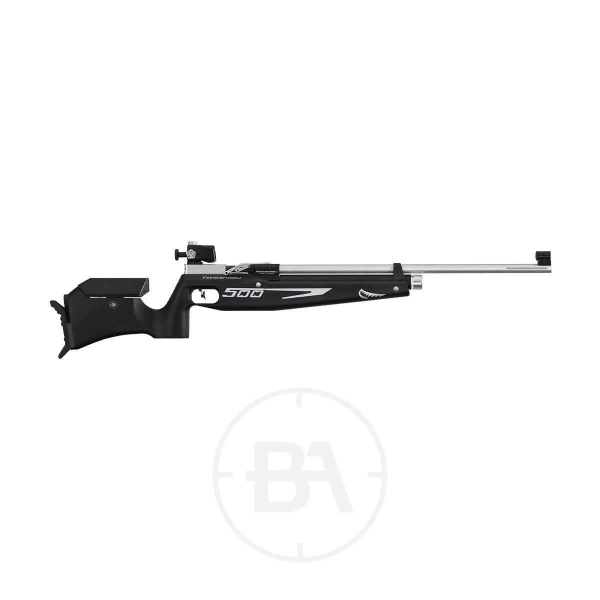 Feinwerkbau 500 Match Target Rifle 3 A Shark Black air rifle with a long barrel and sight, displayed against a plain white background.