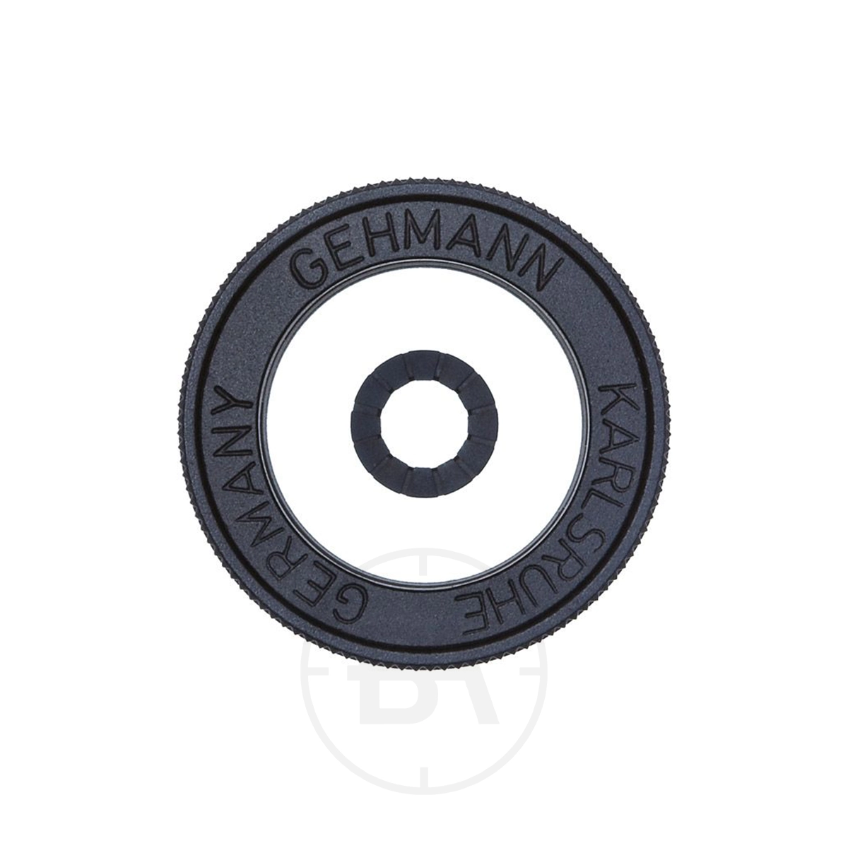 Gehmann Foresight Iris 1 Black circular Gehmann Foresight Iris with "GEHMANN KARLSRUHE GERMANY" text around the edge and a central segmented ring, shown from above on a white background.