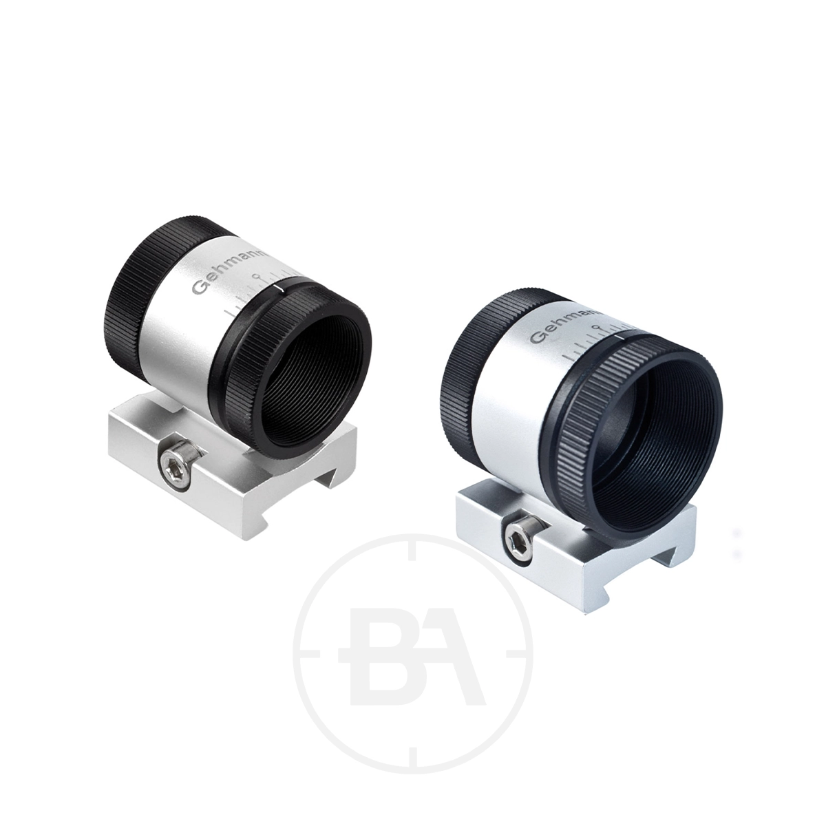 Gehmann 526 & 526-22 Cant Adjustable Foresight 1 Two cylindrical metal adapters with black ridged ends and mounting brackets, compatible with the Gehmann 526 & 526-22 Cant Adjustable Foresight, are shown on a white background.