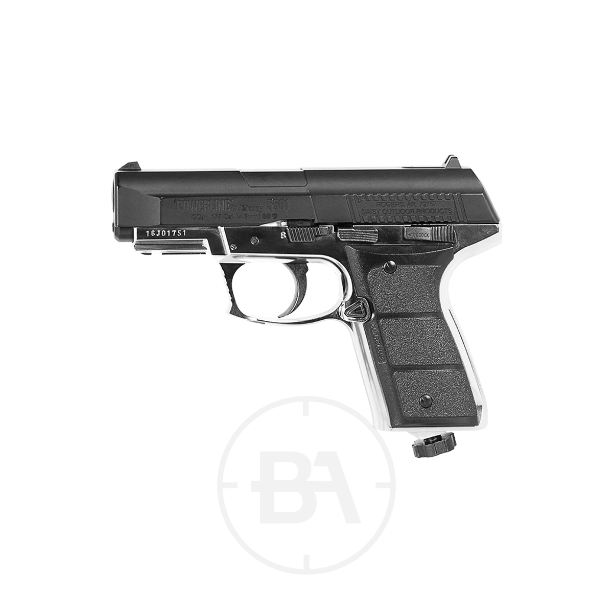 Daisy Model 5501 CO2 Blowback BB Pistol 1 The Daisy Model 5501 CO2 Blowback Pistol, a black semi-automatic air pistol featuring a textured grip, is displayed in side profile against a white background.