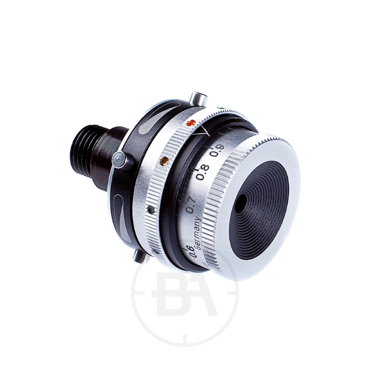 Gehmann 563 Rearsight Iris With 6 Colour Filter & Single Polariser 1 A close-up of the Gehmann 563 Rearsight Iris with engraved markings, textured ring, six colour filters, and single polariser, photographed against a white background.