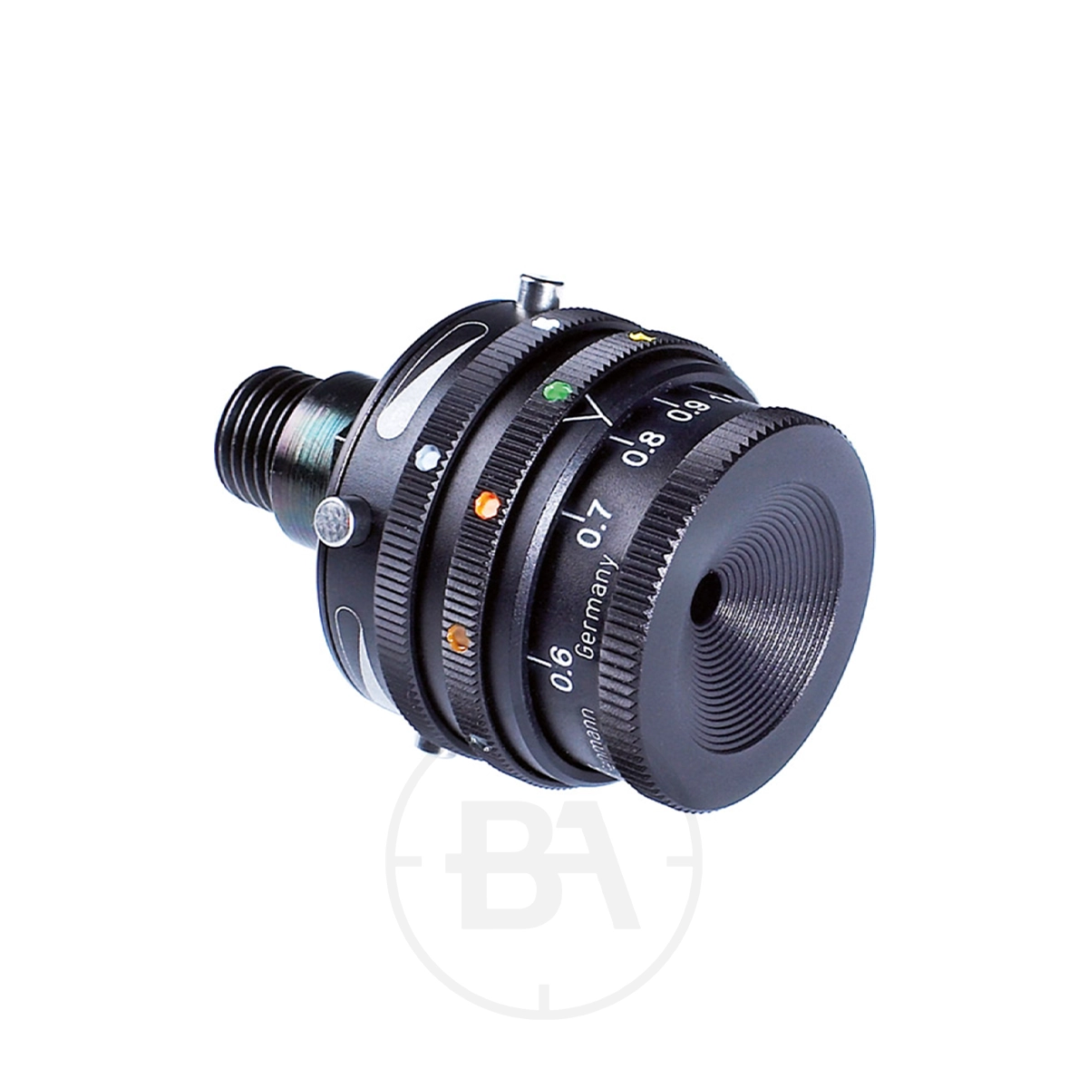 Gehmann 565 Rearsight Iris With 6 Colour Filter & Twin Polariser 1 The Gehmann 565 Rearsight Iris with 6 colour filters and twin polariser is shown against a white background, displaying multiple adjustment rings, distance markings in meters, and coloured indicator dots.