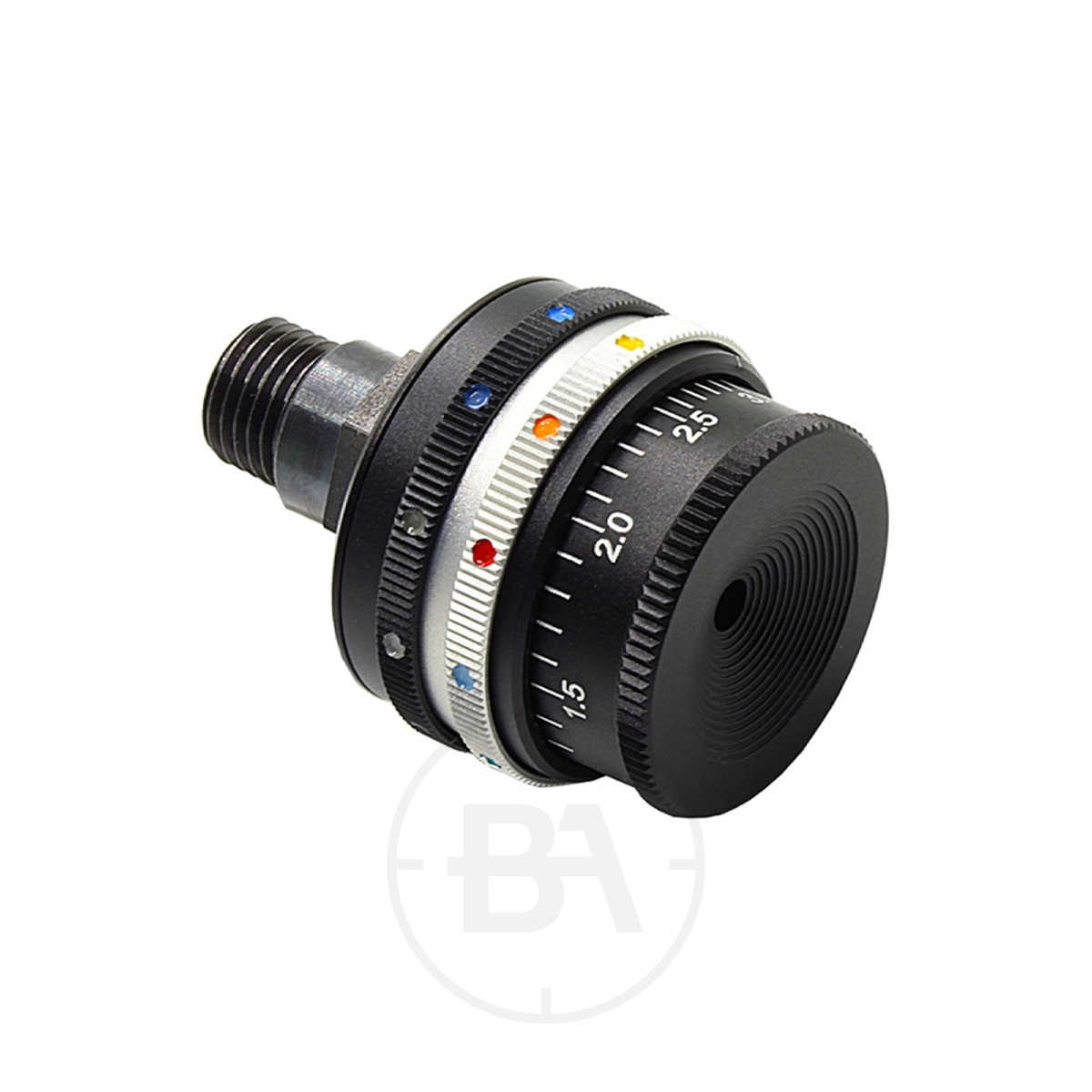 Gehmann 569 Rearsight Iris With 7 Colour & 5 Grey Filter 1 The Gehmann 569 Rearsight Iris features a black mechanical dial with graduated markings, colored dots, and a threaded connector—perfect for precision aiming on advanced shooting filter systems. Includes 7 color and 5 grey filters.