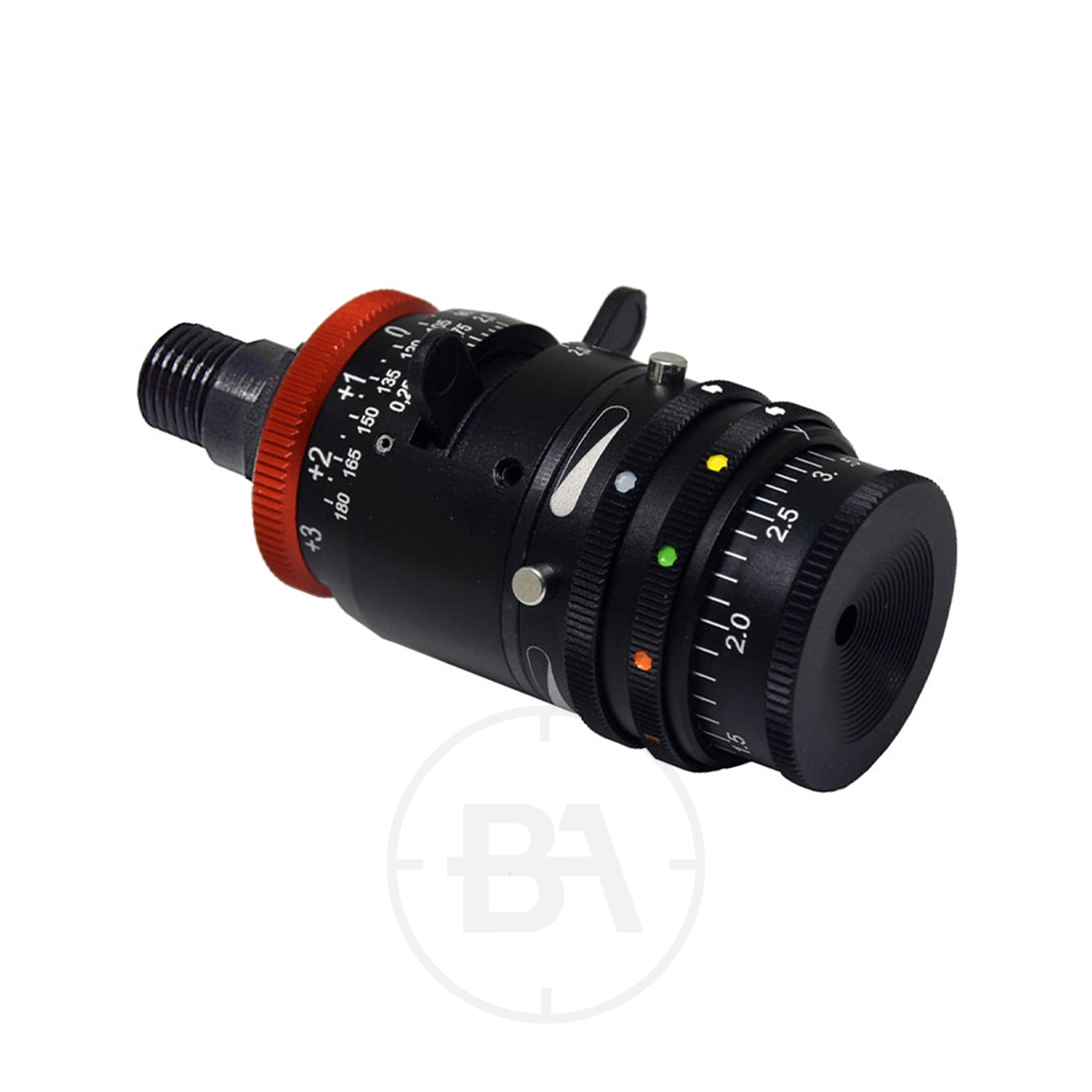 Gehmann 570-579-0 0.0x Dioptre With Cylindrical Lens 1 Close-up of the Gehmann 570-579-0 0.0x Dioptre With Cylindrical Lens, a black mechanical camera lens component with adjustment dials, numerical markings, and a red ring, shown on a white background.