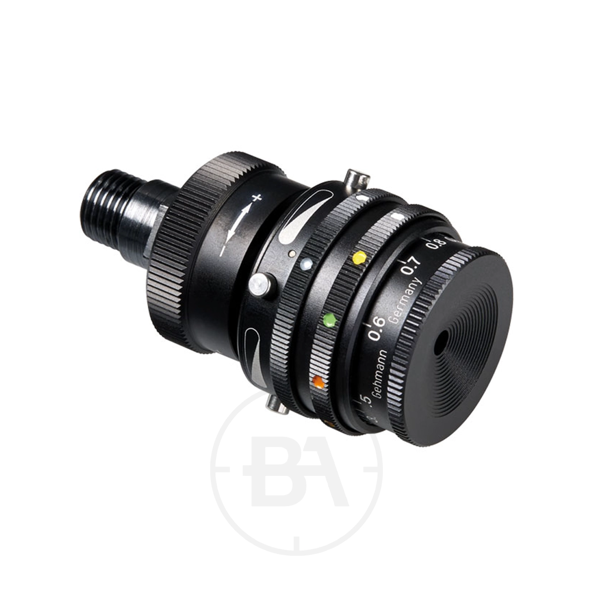 Gehmann 575 Rearsight Iris with 1.5x Dioptre, 6 Colour Filter & Twin Polariser 1 A close-up of the Gehmann 575 Rearsight Iris with 1.5x dioptre, 6 colour filter, and twin polariser features focus rings, numbered markings, colour indicators, and a dioptre scale on a white background.