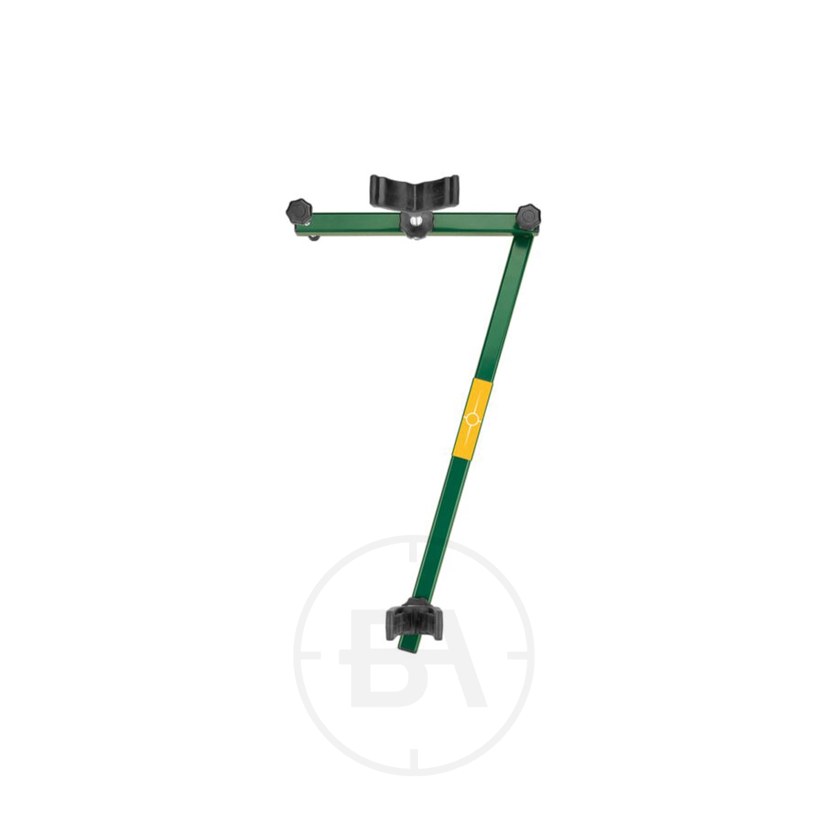 Caldwell '7 Rest' Shooting Rest 1 A green metal Caldwell '7 Rest' Shooting Rest, shaped like the number seven, featuring black plastic ends and a yellow label at the centre.