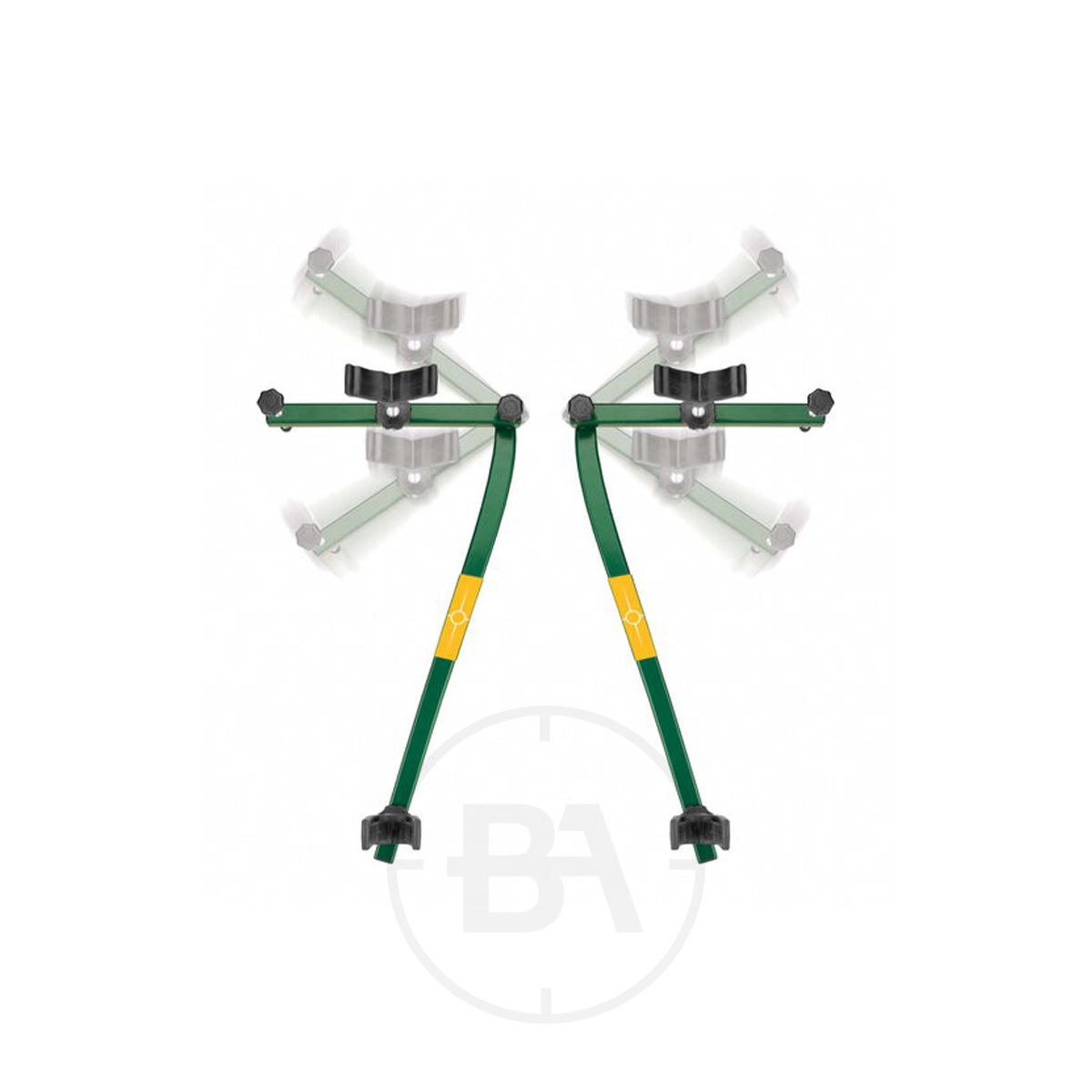 Caldwell '7 Rest' Shooting Rest 2 Green and yellow Caldwell '7 Rest' Shooting Rest with four legs and two swivelling silver arms, isolated on a white background. Featuring a design similar to the Caldwell 7 Rest, this stand displays the BA logo in grey, faintly visible at the bottom centre.