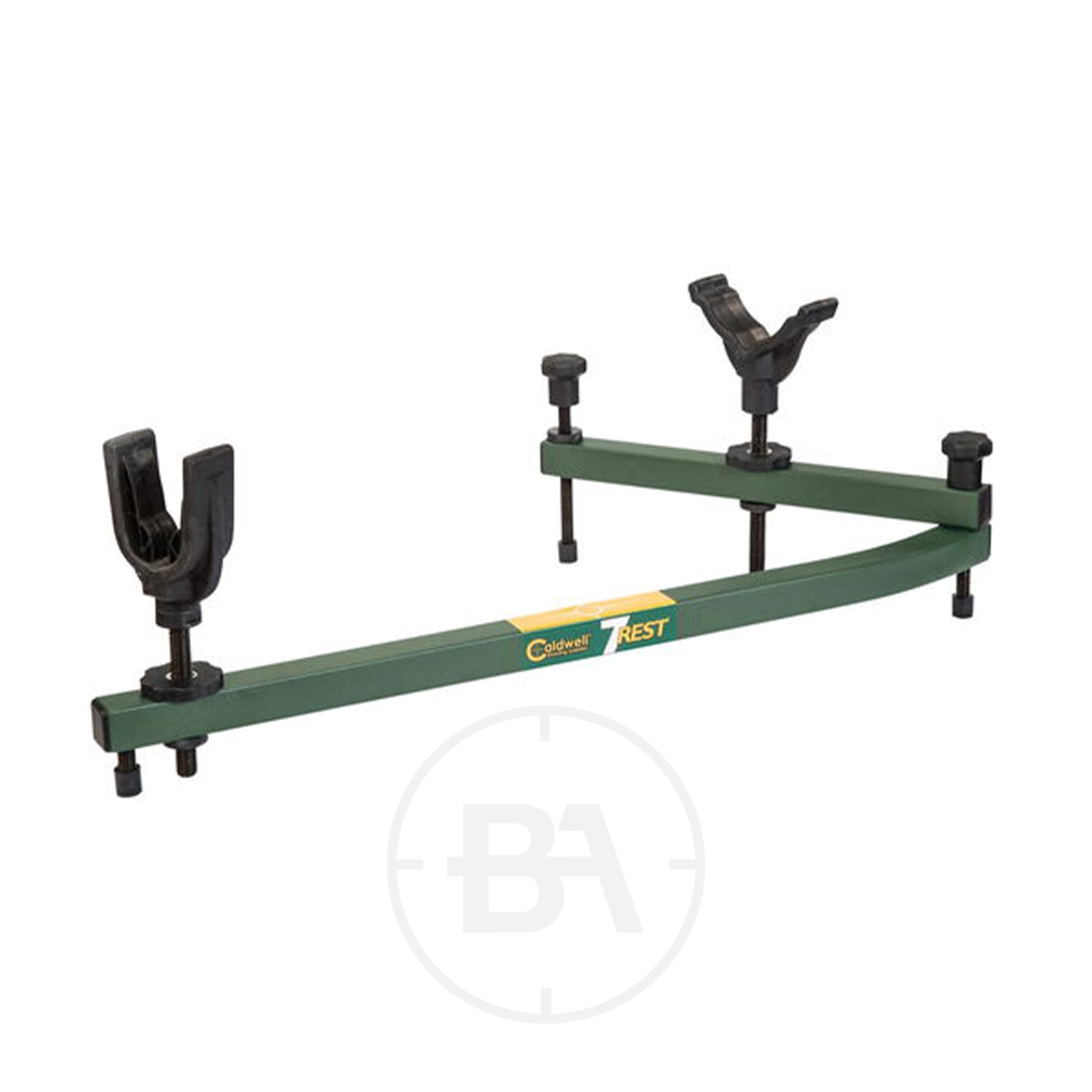 Caldwell '7 Rest' Shooting Rest 3 Caldwell '7 Rest' Shooting Rest in green with black supports for holding a firearm, placed on a flat surface, featuring three stabilising knobs and the “Caldwell 7 Rest” logo visible on the side.