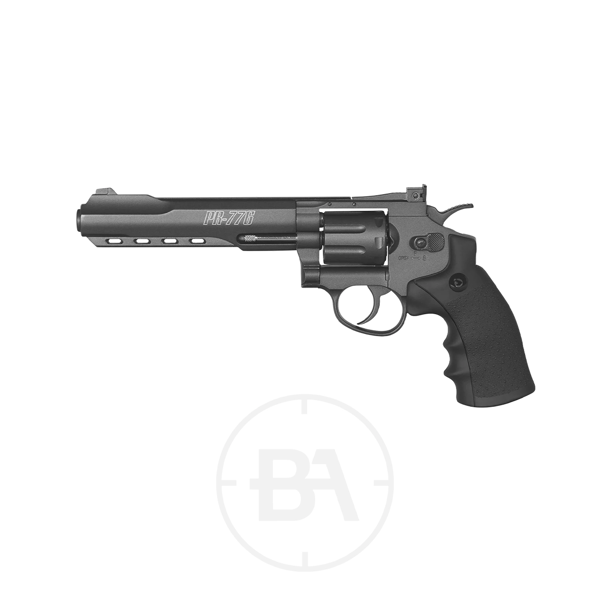 Gamo PR-776 CO2 Revolver 1 A Gamo PR-776 CO2 Revolver featuring a long barrel and ergonomic grip is displayed against a plain white background.