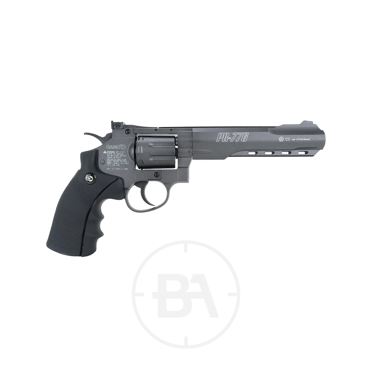 Gamo PR-776 CO2 Revolver 3 A black Gamo PR-776 CO2 Revolver featuring a long barrel and textured grip is displayed in profile against a white background, with the model number "PR-776" visible on the barrel.